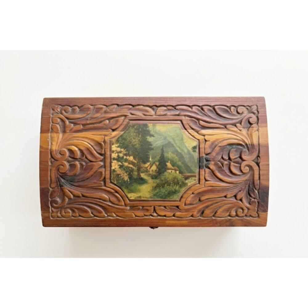 Vintage Hand Carved Wood Jewelry Trinket Box Dome Lid Painted Scene Footed
